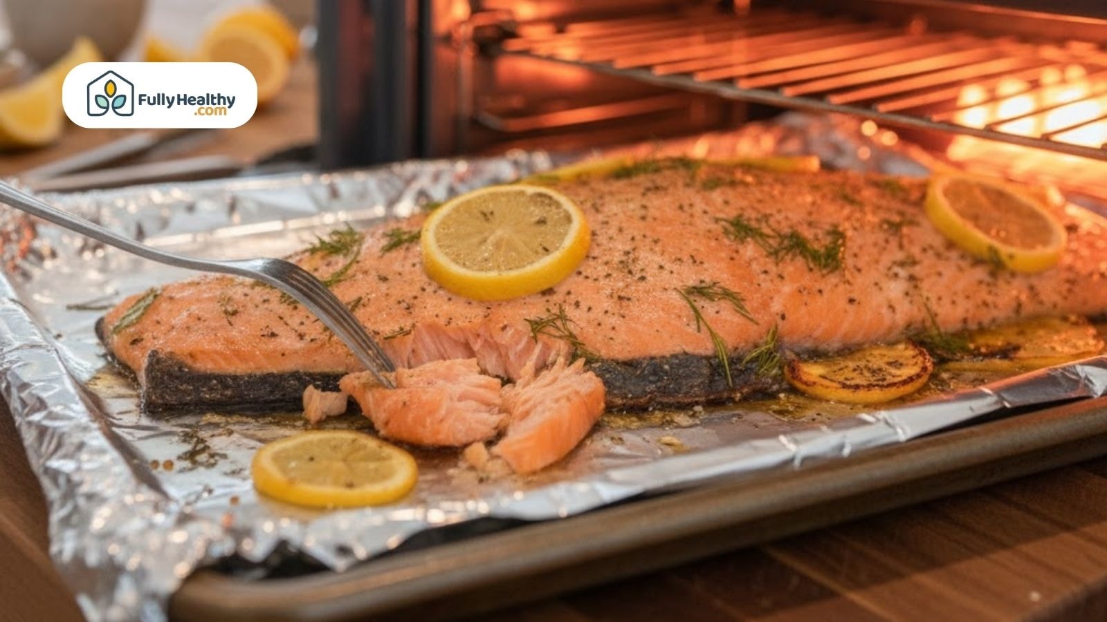Broiled salmon in the oven being tested with a fork to check doneness and flaky texture.