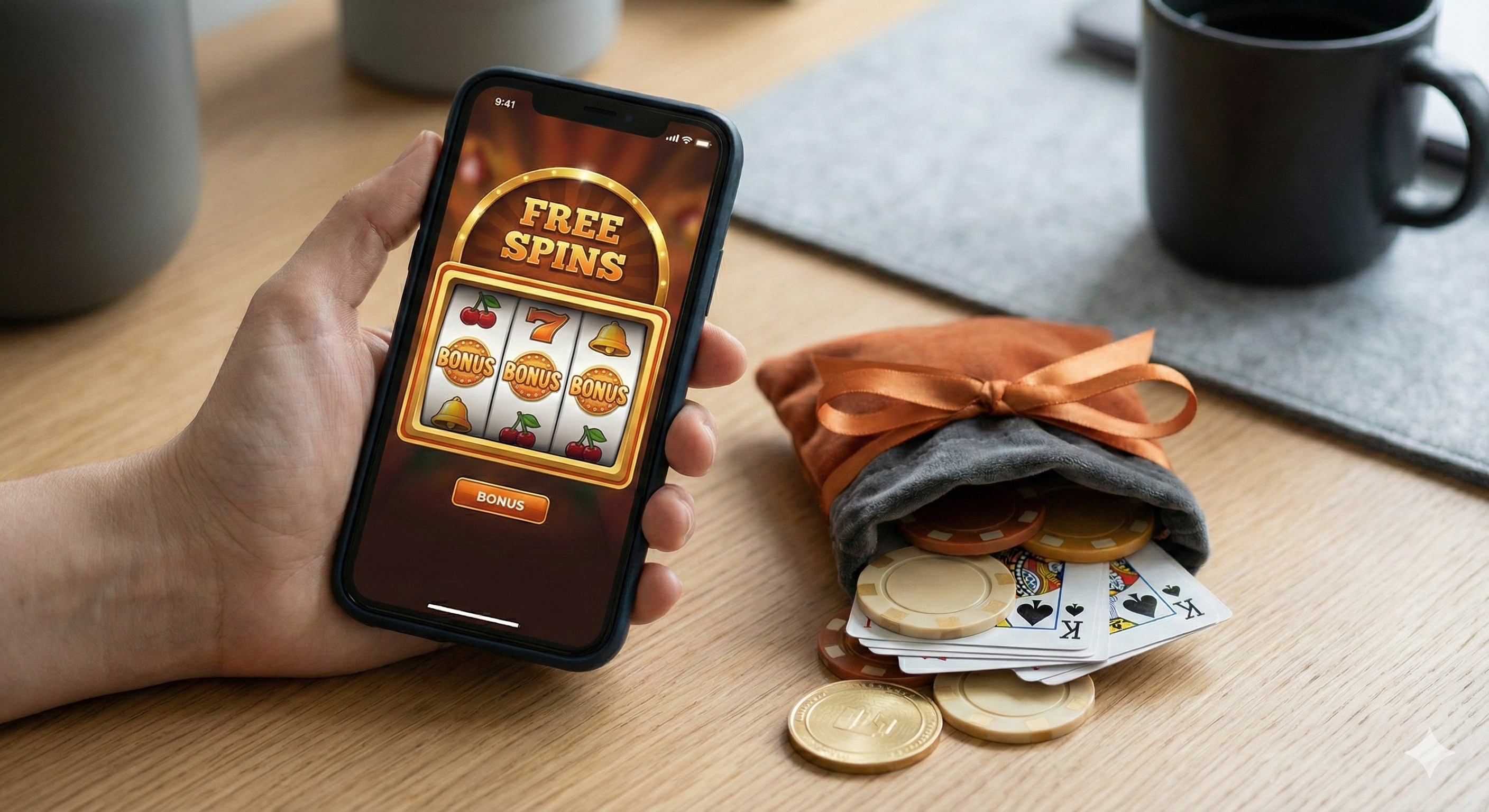 Online casino bonus met free spins op smartphone, casinofiches en speelkaarten op tafel, illustratie van casino bonussen en gratis spins.