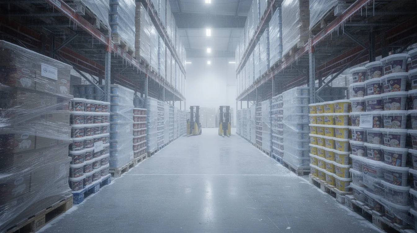 a64d2d1c 013c 4f1c 89f6 814ce997f827 The image depicts a large commercial cold storage warehouse filled with rows of pallets stacked with ice cream, showcasing frost-covered surfaces that emphasize the cold environment essential for ice cream production. This facility is indicative of an ice cream manufacturing project focused on maintaining product quality and efficiency in operations.