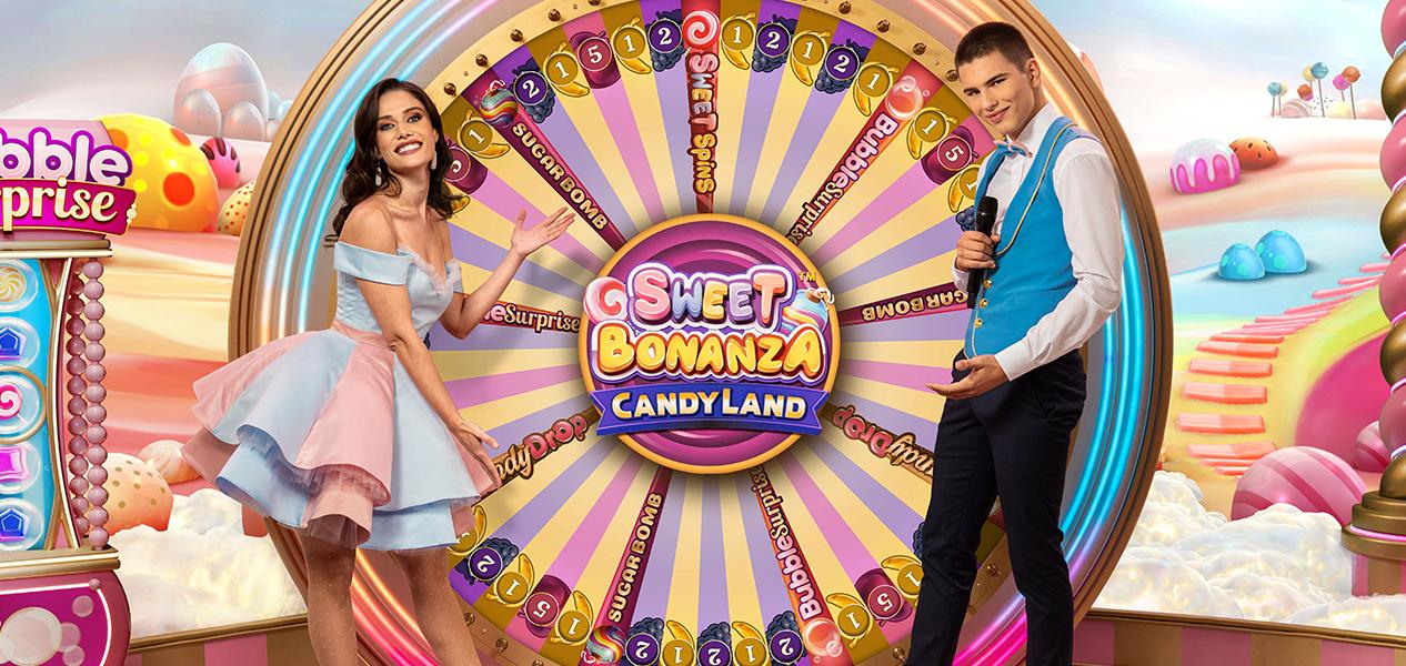 Sweet Bonanza CandyLand live casinospel met presentatoren en een groot kleurrijk rad.
