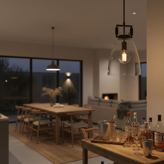 Clear glass pendant light with exposed filament bulb providing warm ambient lighting.