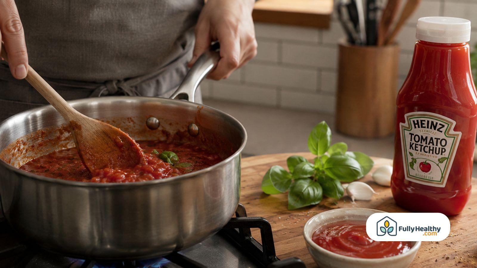 Homemade spaghetti sauce cooking beside ketchup bottle with fresh basil