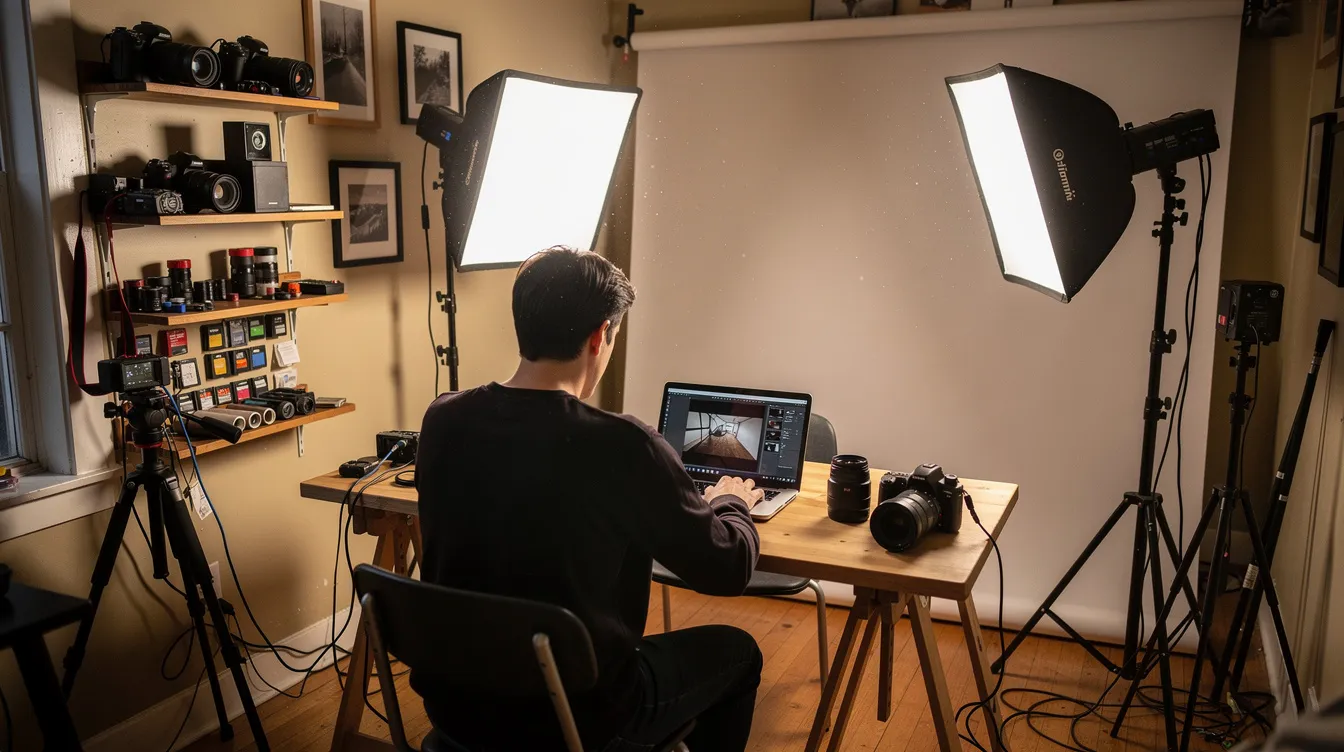 A person is focused on their work in a small creative studio, surrounded by photography equipment, including cameras and lighting setups. This space reflects the vibrant atmosphere of a 中小 企, showcasing the creativity and innovation that can thrive in such environments.
