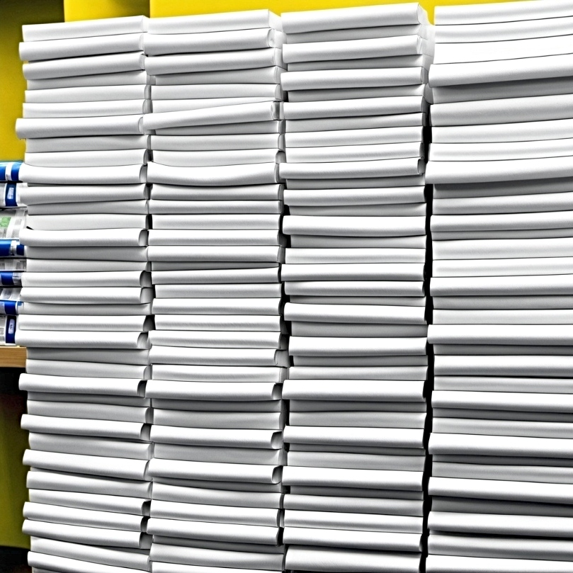 Stacks of printer paper in a shop