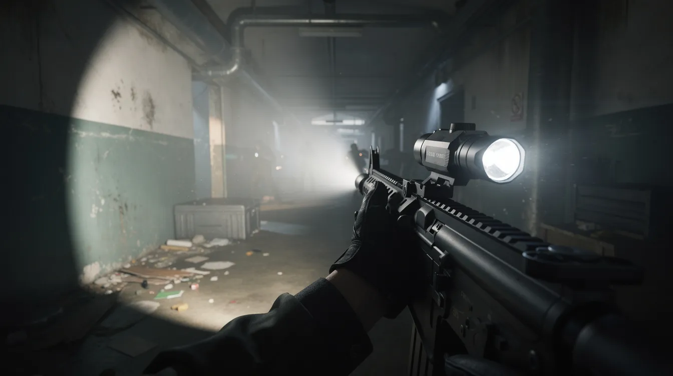 A weapon-mounted flashlight brightly illuminates a dark indoor corridor, enhancing visibility for airsoft players during a night game. This essential airsoft accessory aids in fast target acquisition and improves performance in low light conditions, making it ideal for close-range encounters in tight spaces.