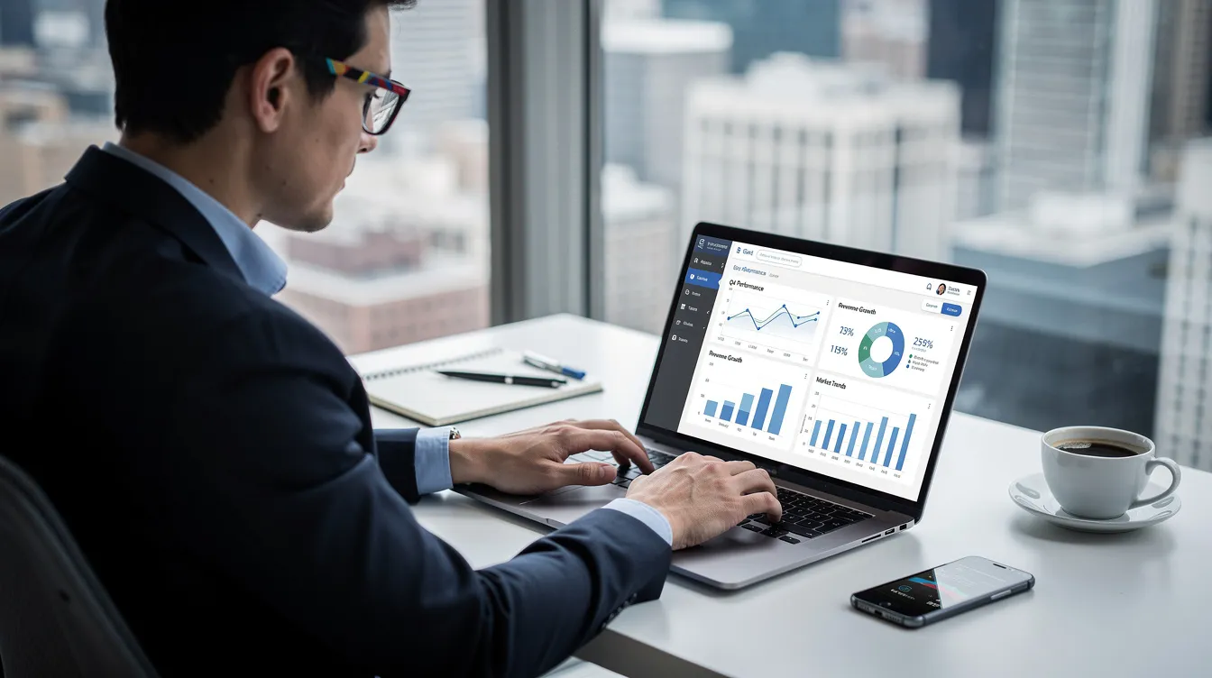 A business person is focused on reviewing payroll data displayed on a laptop screen, which likely includes information related to payroll processing, tax compliance, and employee data management. The setting suggests a professional environment where payroll software is being utilized to streamline payroll operations for small businesses.