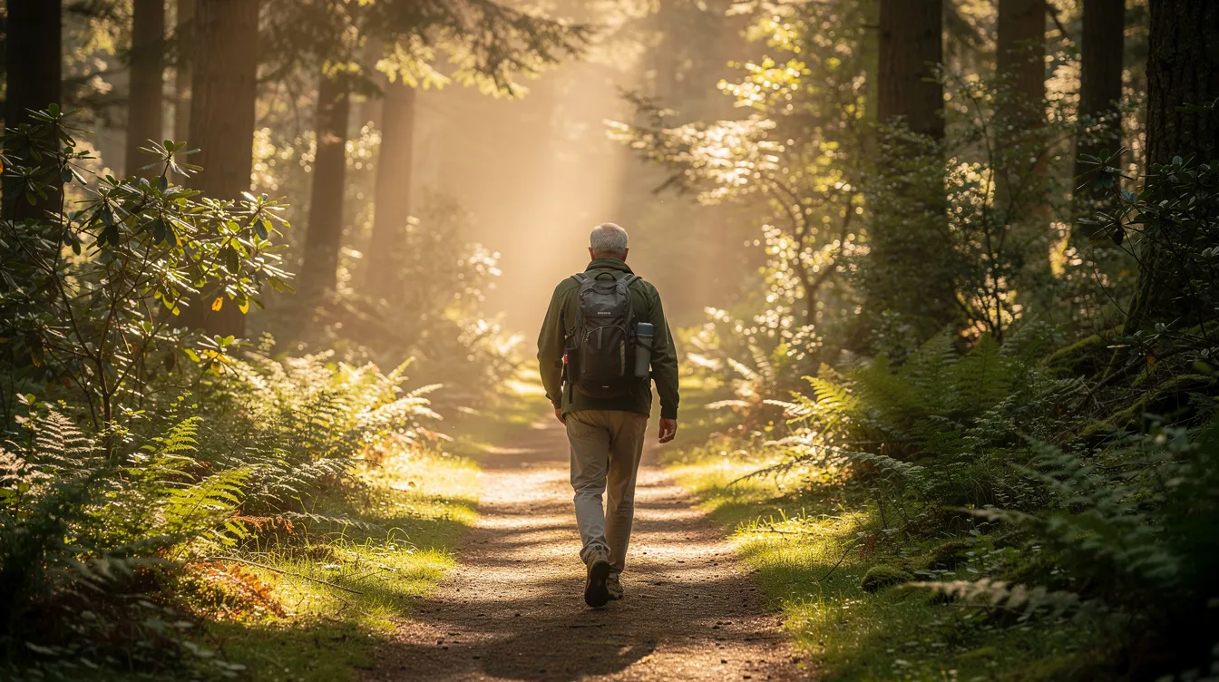 An older adult is walking along a sunlit forest trail in the morning, surrounded by tall trees and dappled sunlight filtering through the leaves. This scene highlights the importance of physical activity for maintaining cognitive function and mental health, especially as one navigates the challenges of normal aging and potential symptoms of brain fog.