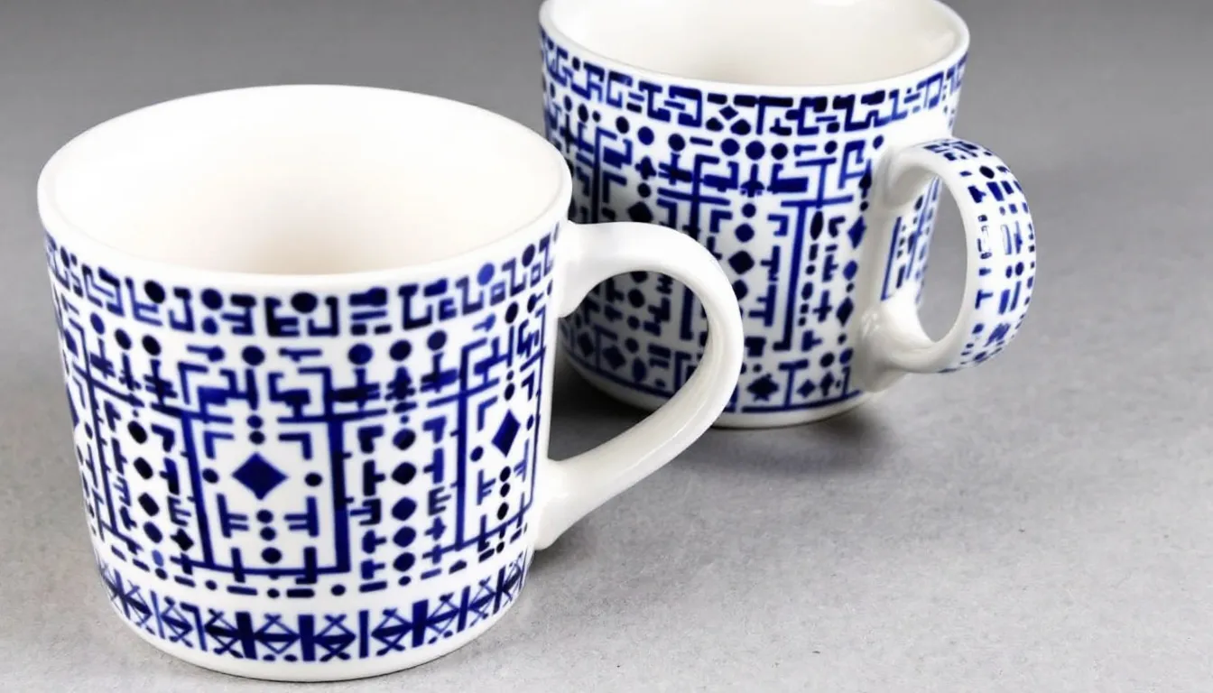 Na zdjęciu znajdują się tradycyjne kubki bolesławieckie, zdobione charakterystycznymi niebieskimi wzorami geometrycznymi. Te ceramiczne kubki, idealne do porannej kawy lub herbaty, wyróżniają się estetyką i wysoką jakością wykonania.