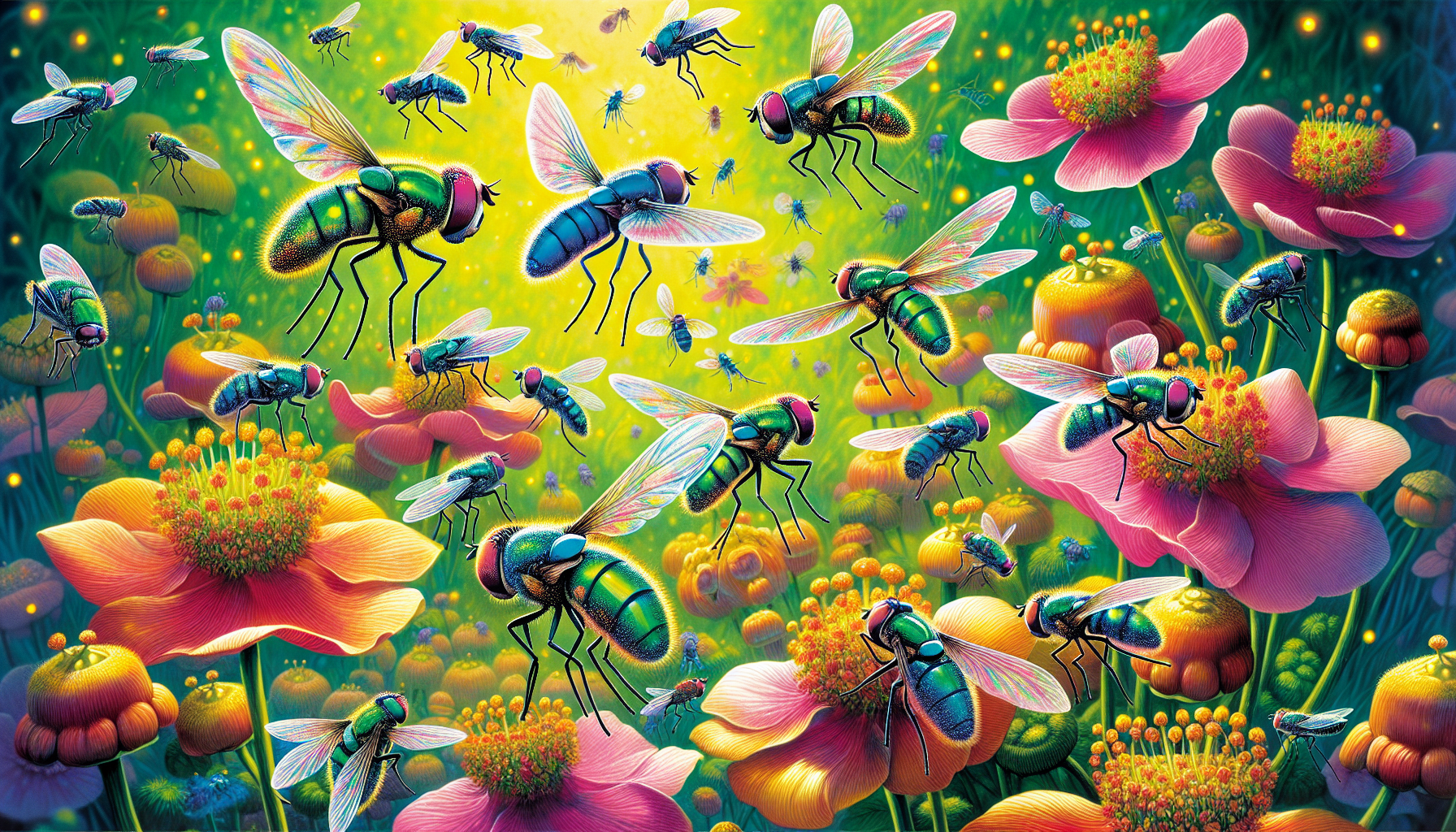 Illustration av blomflugor som pollinerar blommor