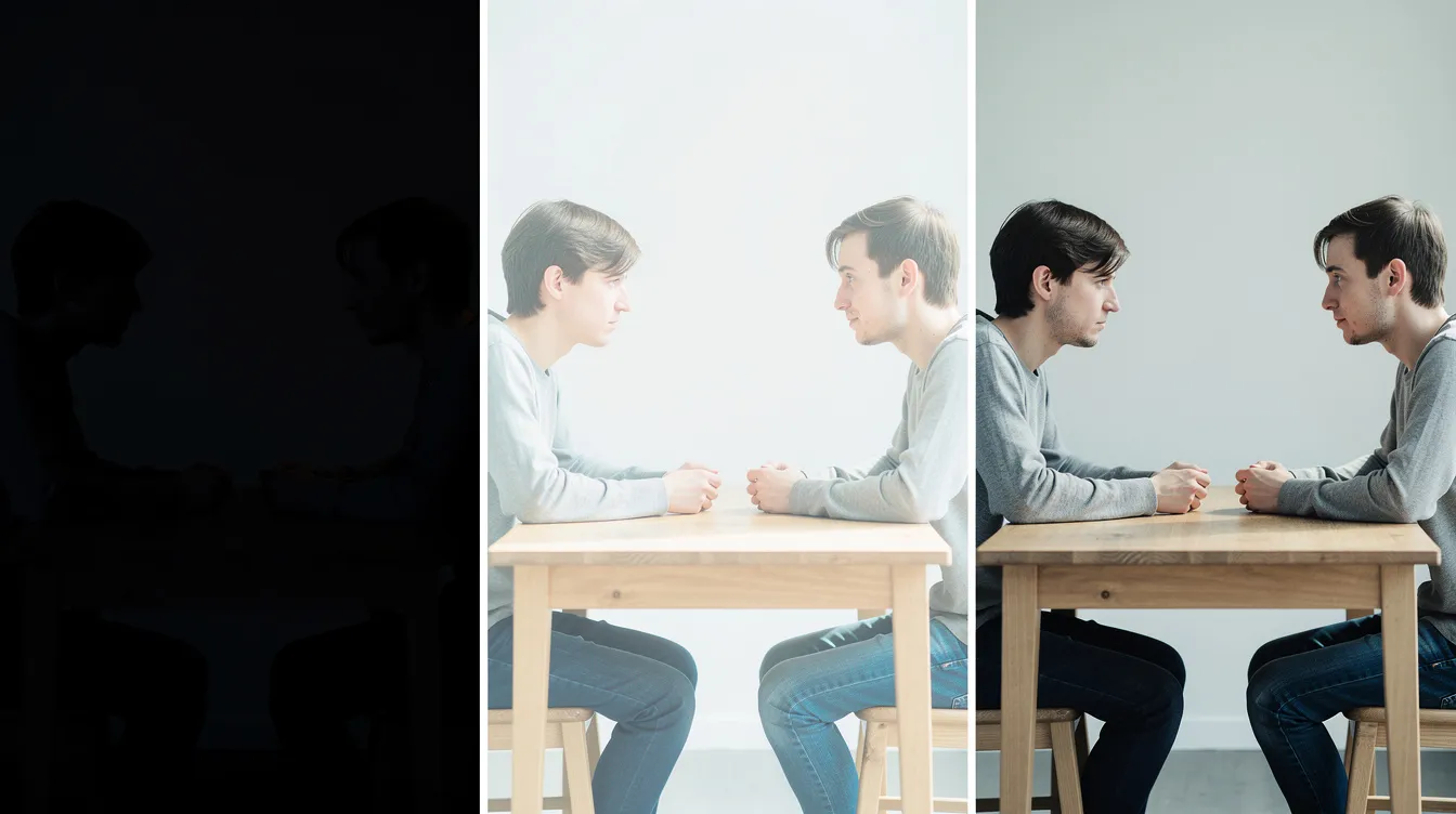 Das erste Bild zeigt eine Tischszene mit zwei Personen in einem dramatischen Low-Key-Licht, das starke Schatten wirft. Im zweiten Bild ist die Szene in einem hellen High-Key-Licht gehalten, während das dritte Bild eine ausgewogene Normalbeleuchtung präsentiert, die die Details der Szenerie klar hervorhebt.