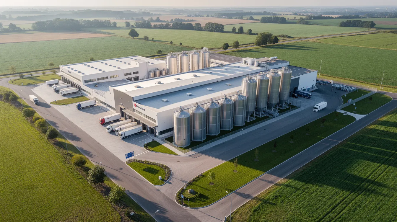 a655425b f44c 437e a0da 7e0f894bb449 An aerial view of a large dairy processing facility featuring multiple buildings, storage tanks, and loading bays amidst a lush green landscape, highlighting the scale and complexity of the milk powder manufacturing plant. This image represents the critical infrastructure of the dairy processing industry, essential for milk powder production and distribution.