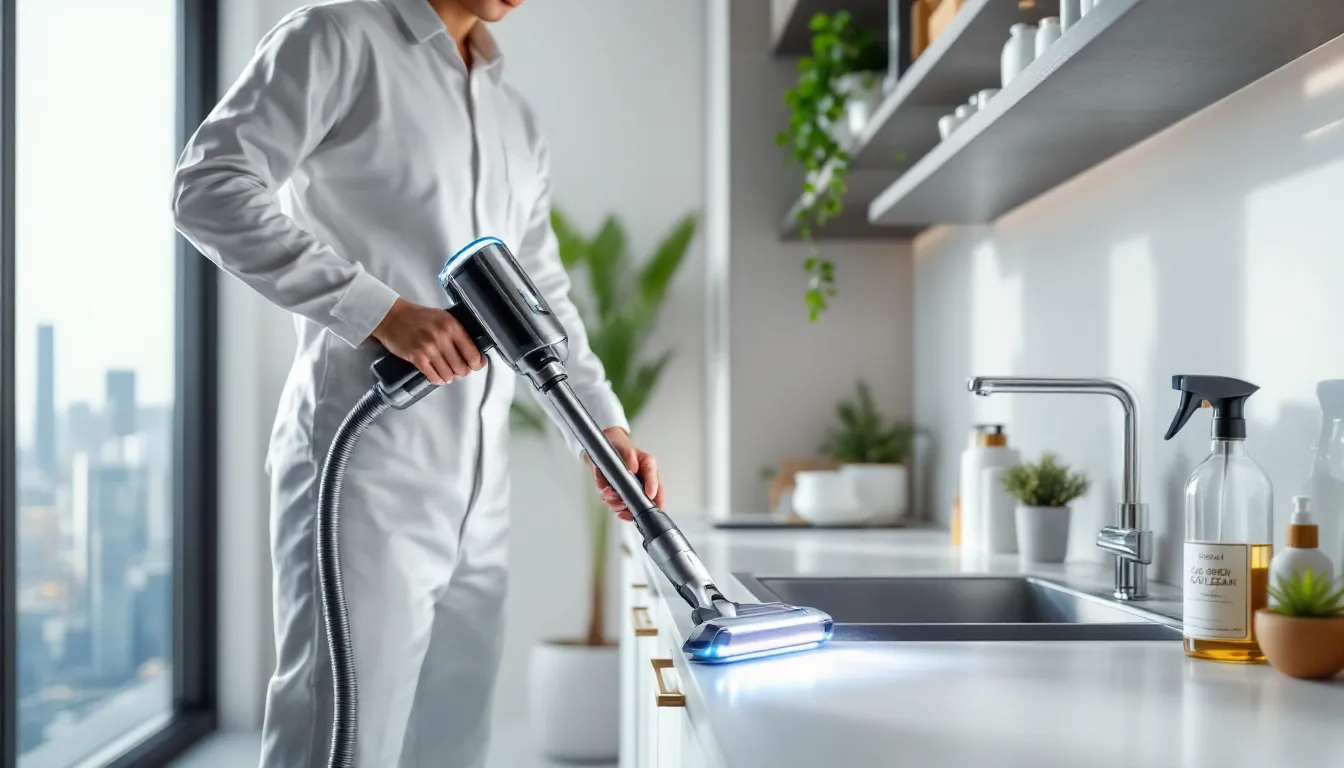 A professional cleaner using eco-friendly products during a kitchen deep cleaning service.