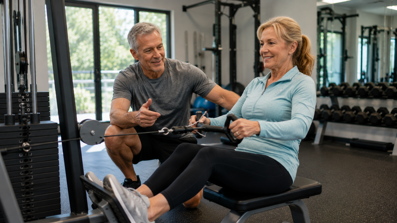 Older adult working with a trainer on seated resistance exercise to improve muscle strength and endurance