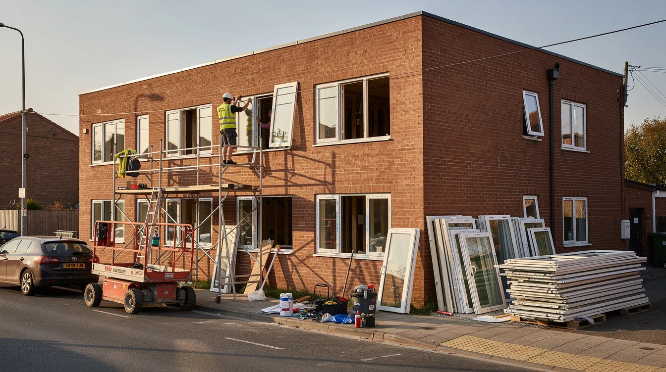The image shows a small two-story brick apartment building undergoing renovation, with new windows being installed. This property, likely an investment property for real estate investors, illustrates the potential for improvements often financed through hard money loans or traditional loans.