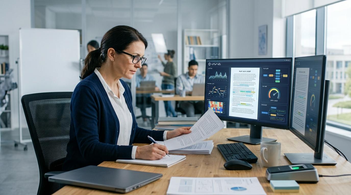 Modern academic workspace showing a secure document analysis process with AI examining sentence patterns and originality while an instructor reviews the results independently.