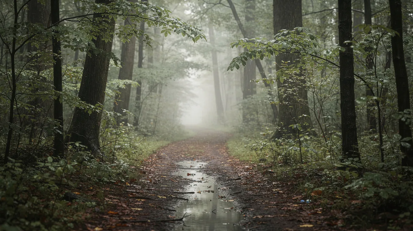 The image depicts a serene walking trail surrounded by lush trees, glistening with raindrops after a fresh rain, symbolizing the healing journey one might embark on after experiencing deep pain from betrayal. This peaceful setting encourages self-care and emotional well-being, serving as a reminder to seek support and practice patience as one moves forward in their healing process.