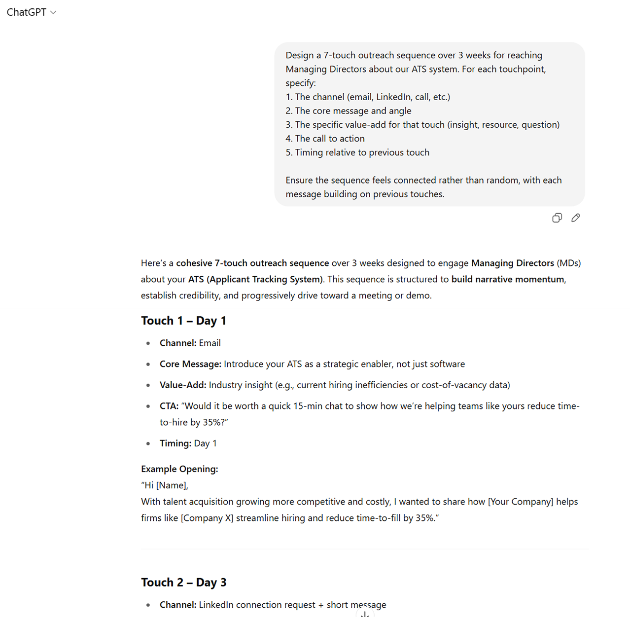 Multi-touch outreach sequence template for sales engagement