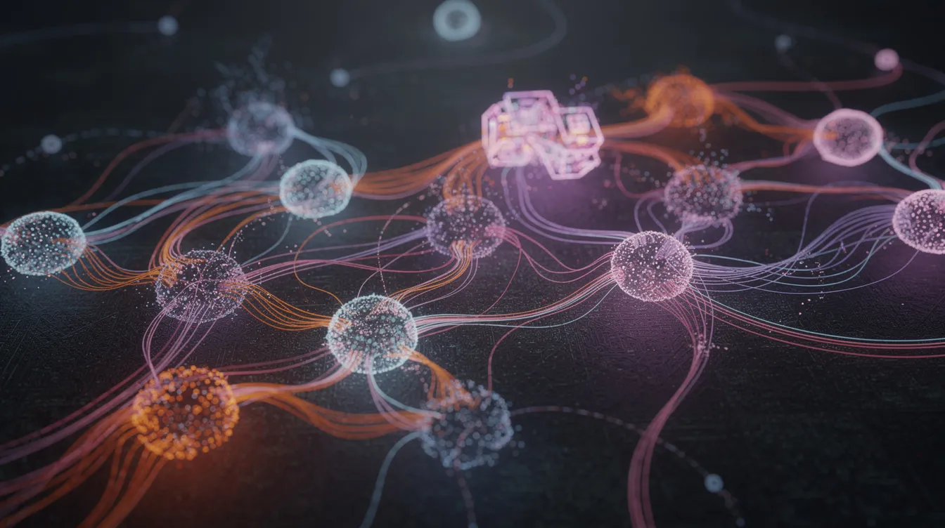 The image features a vibrant and colorful abstract representation of neural network nodes interconnected by lines, symbolizing various AI architectures, including large language models and generative models. This artistic depiction illustrates the complex relationships and training data involved in deep learning models and natural language processing.
