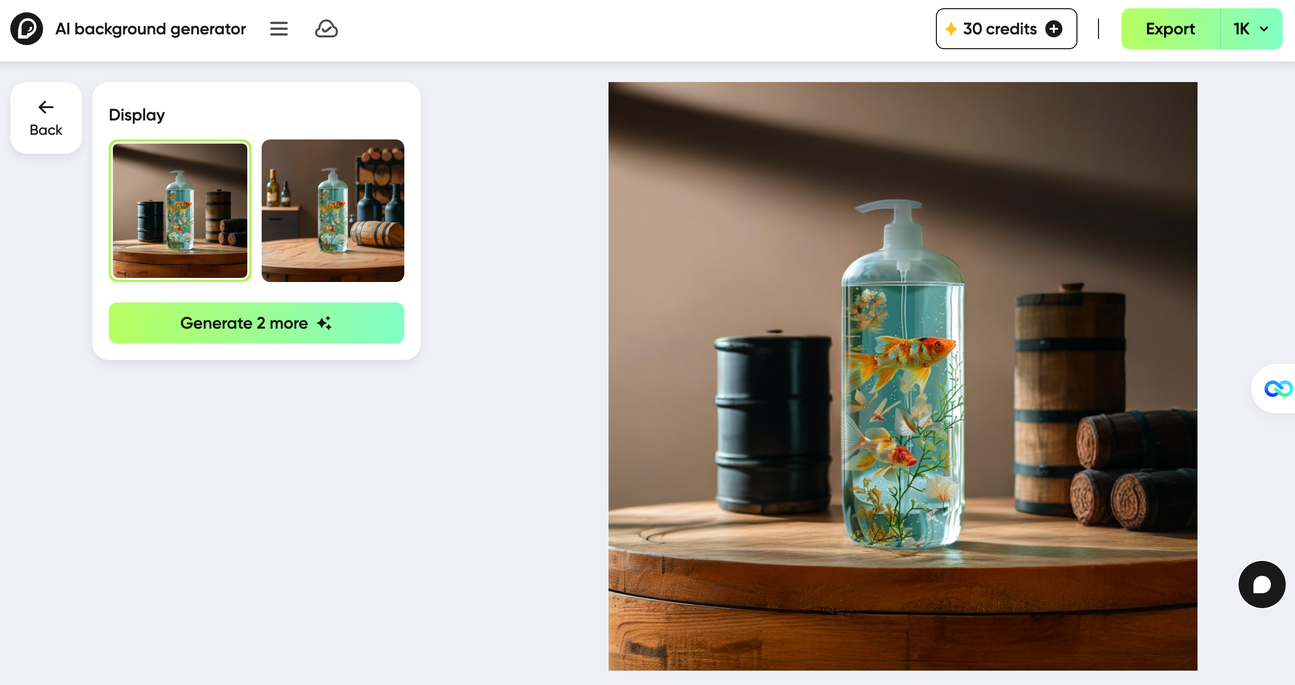 Pacdora customization screen showing a soap bottle mockup placed on a wooden table with barrel props, using AI-generated backgrounds and a credit-based system.
