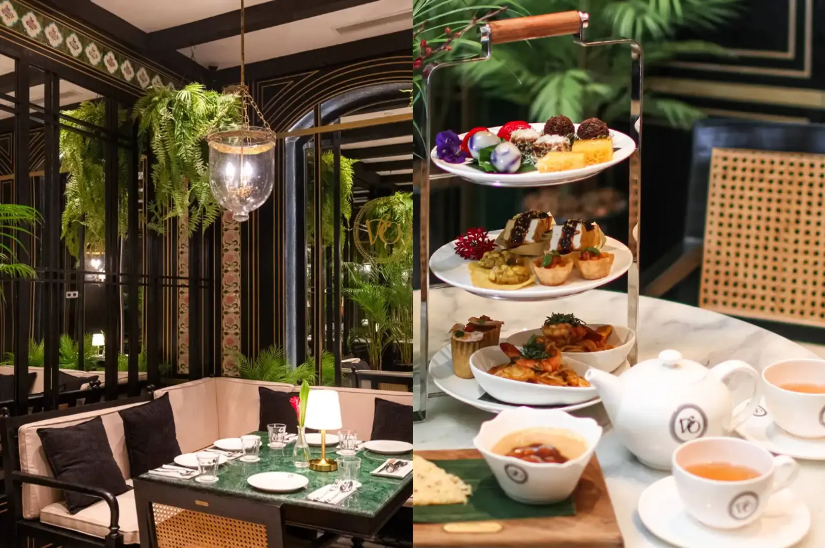 A split-screen composition showing an elegant Peranakan-style dining area on the left with a green marble table, plush seating, and lush hanging greenery, paired on the right with a three-tiered tea stand featuring colorful traditional kueh sweets, savory pastries, and prawn dishes alongside a white porcelain teapot and teacups.