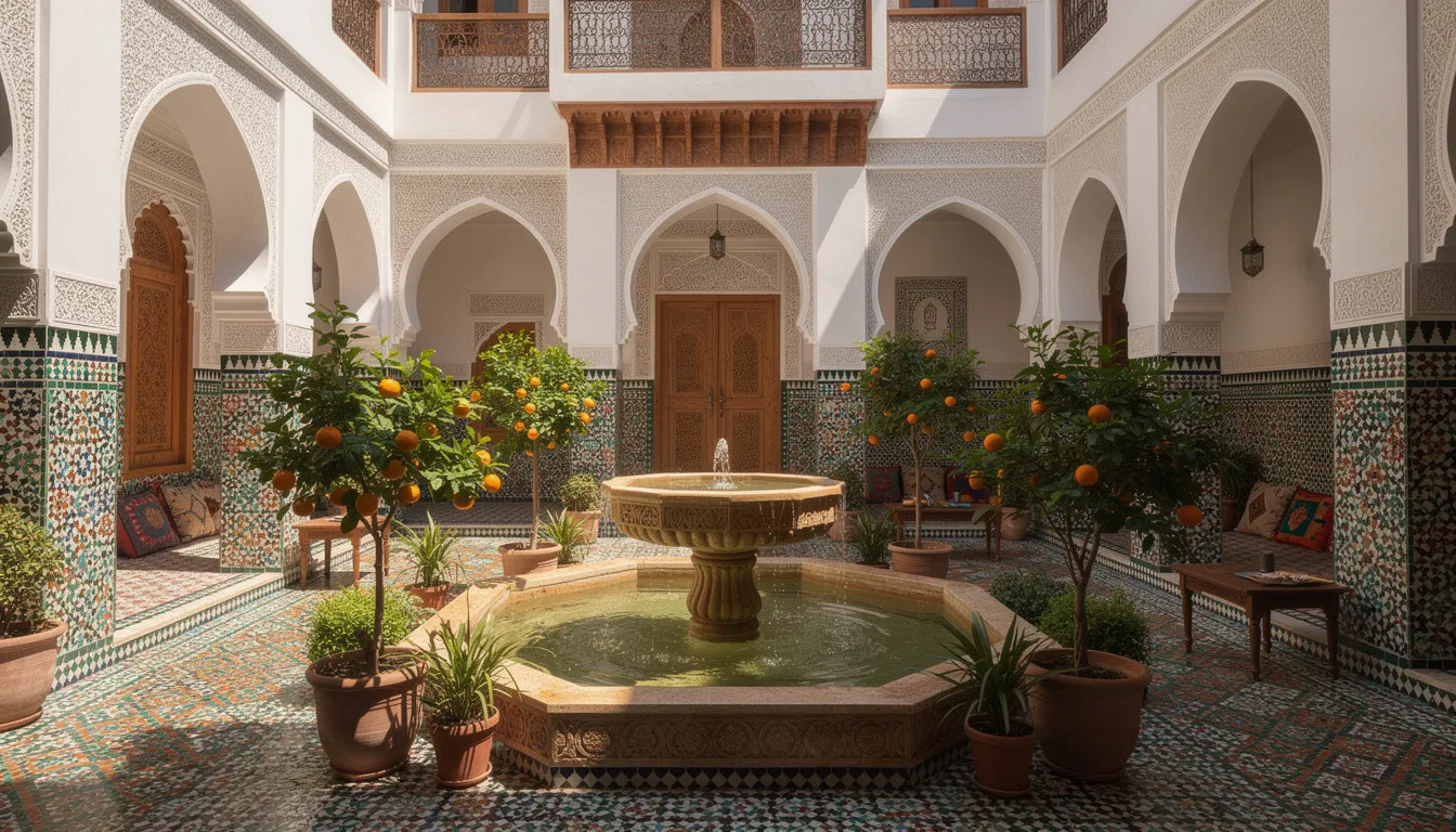 The image depicts a traditional Moroccan riad courtyard featuring vibrant, colorful tiles, a serene fountain at its center, and elegant arched doorways, embodying the essence of Moroccan culture. This picturesque setting is a perfect representation of the local architecture and is an inviting glimpse into the rich experiences awaiting travelers on their Morocco tours.