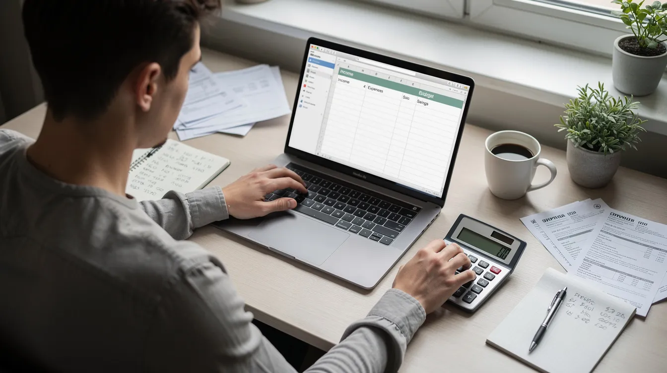A person is seated at a desk, focused on a calculator and laptop as they plan their personal finances, considering various loan products and terms like interest rates and repayment periods. The scene conveys a sense of organization and financial planning, essential for managing small loans or applying for personal loans efficiently.