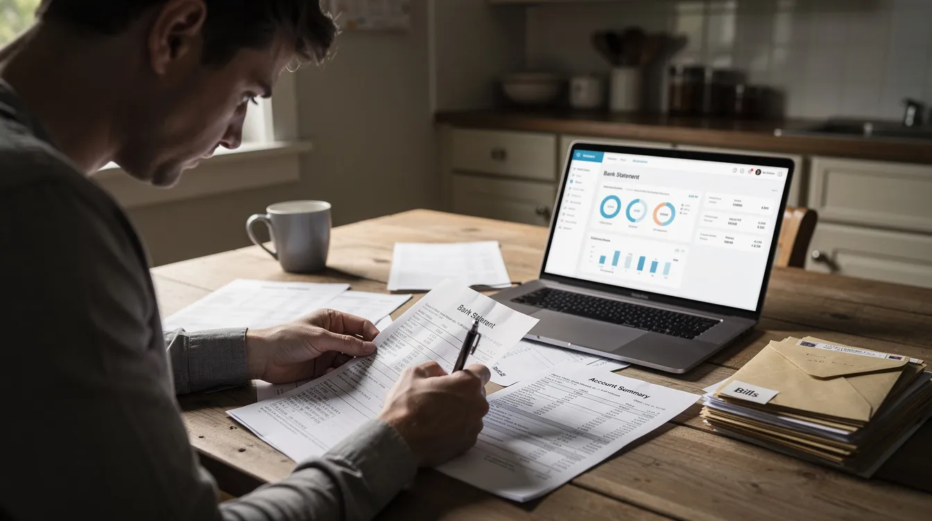 A person is seated at a kitchen table, reviewing bank statements and financial paperwork, with a laptop open nearby. This scene suggests a focus on financial planning, possibly related to hard money loans or investment properties, as the individual examines documents that may include loan applications and personal income documentation.
