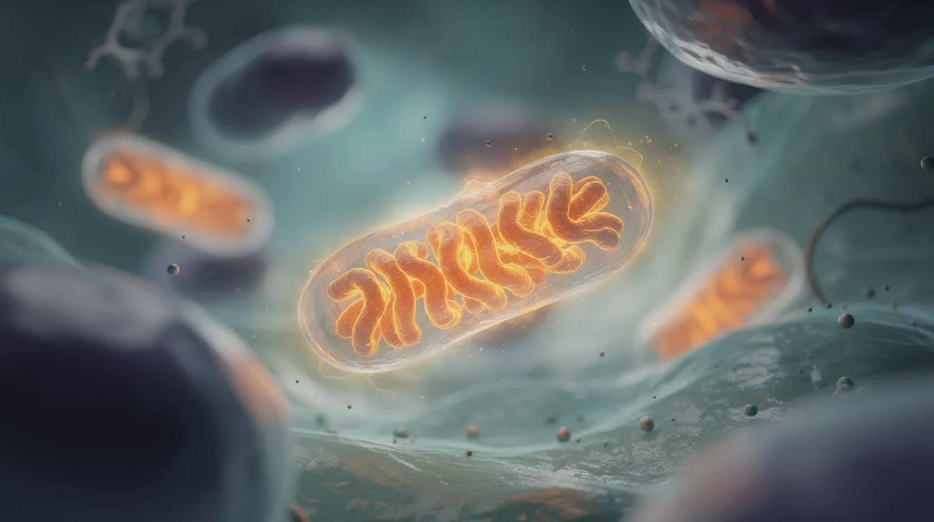 The image showcases a close-up view of glowing mitochondria within a cell, symbolizing energy production and cellular function. This vibrant depiction highlights the essential role of mitochondria in energy metabolism, which is crucial for maintaining health and combating age-related diseases.