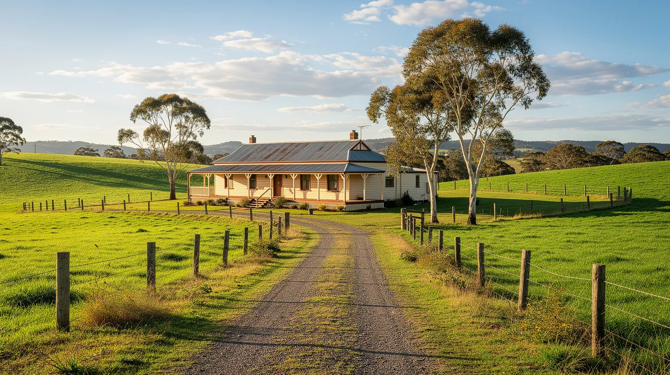 The image depicts a picturesque Australian rural property featuring a charming farmhouse surrounded by lush green paddocks. This serene setting reflects the importance of seeking legal advice for property settlement negotiations, especially in the context of family law and divorce settlements.