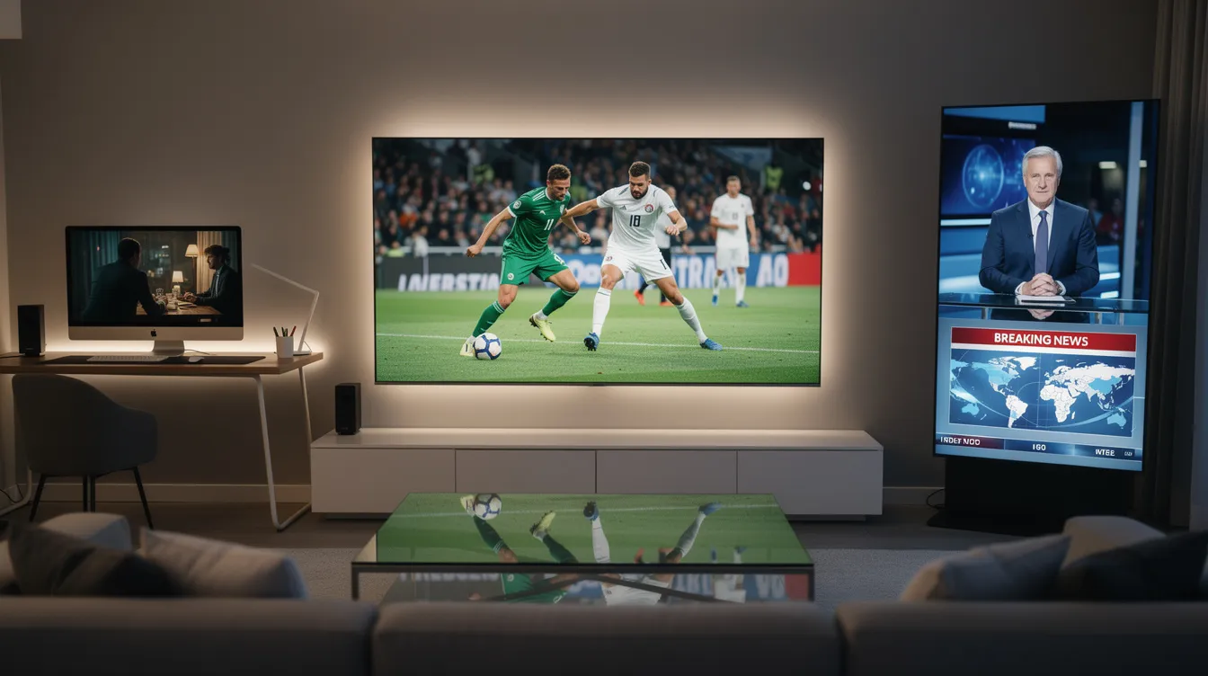 The image shows multiple screens showcasing a variety of content, including a live soccer match, a dramatic movie scene, and a news broadcast, highlighting the versatility of IPTV services. This setup illustrates the ability to stream live TV channels and on-demand content, providing a rich viewing experience for users.