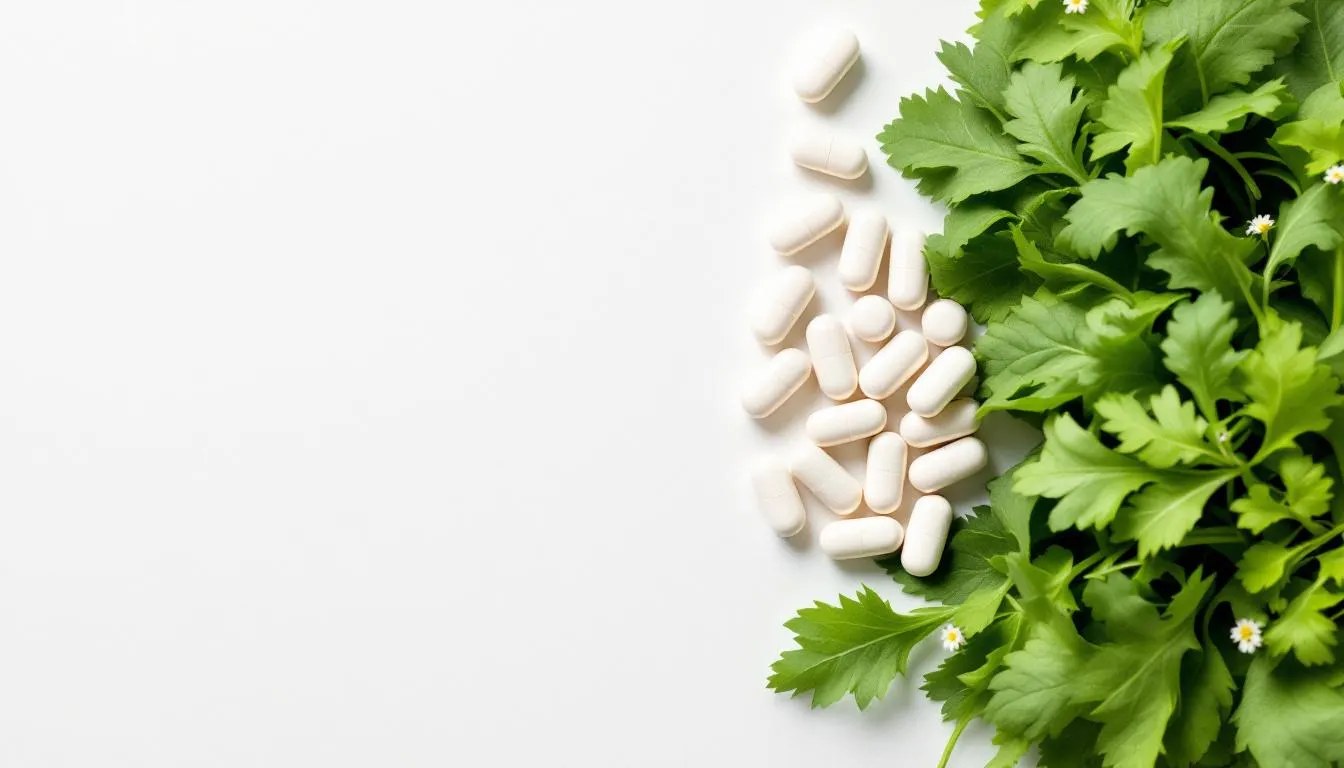 The image depicts magnesium taurate supplement capsules placed next to vibrant, fresh leafy greens, highlighting the connection between dietary supplements and healthy eating. This visual emphasizes the potential health benefits of magnesium supplementation, particularly for cardiovascular health and regulating blood sugar levels.