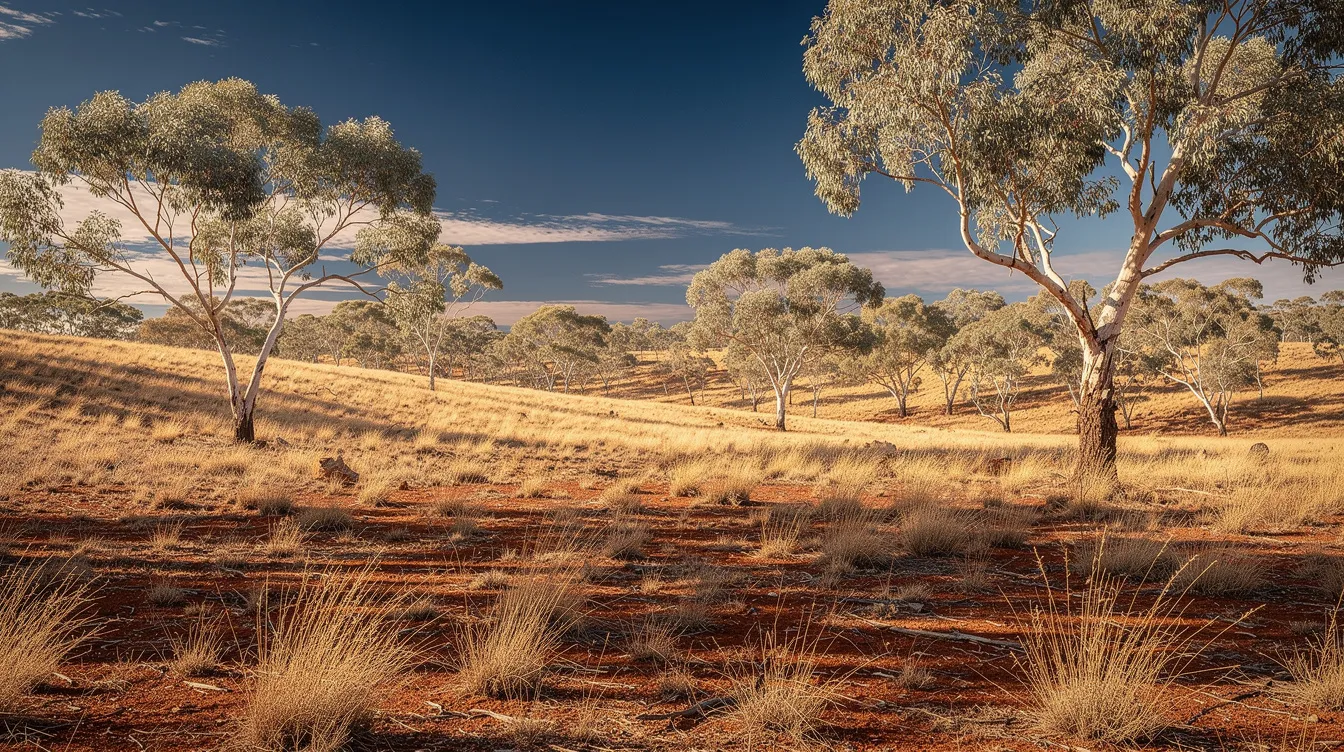The image depicts a golden Australian bush landscape, featuring tall eucalyptus trees bathed in bright afternoon sunlight. This serene scene captures the natural beauty of Australia, reminiscent of works by renowned Australian artists like Arthur Streeton and Tom Roberts.