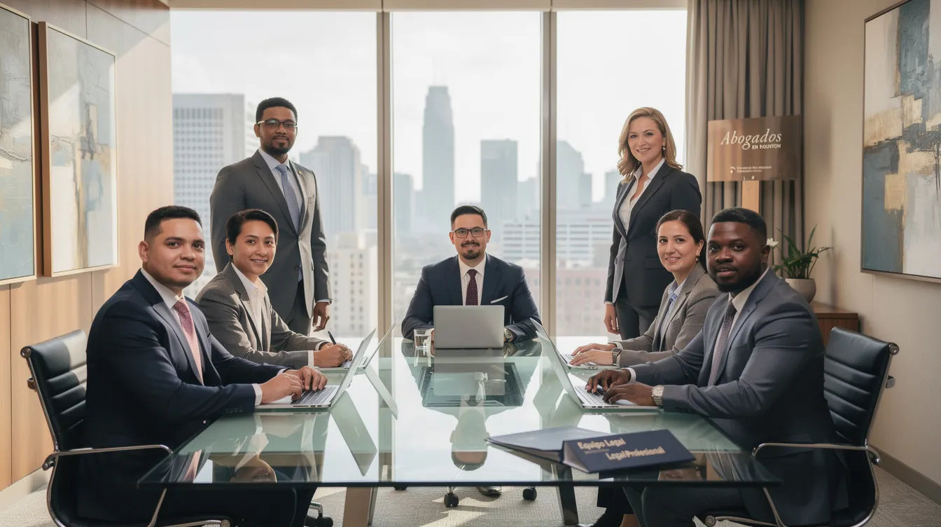 Un equipo de abogados especializados en accidentes se encuentra en modernas oficinas en Houston, listos para ayudar a las víctimas de accidentes de camión y lesiones personales. El ambiente es profesional y acogedor, reflejando su compromiso con la compensación y el apoyo a sus clientes después de un accidente.