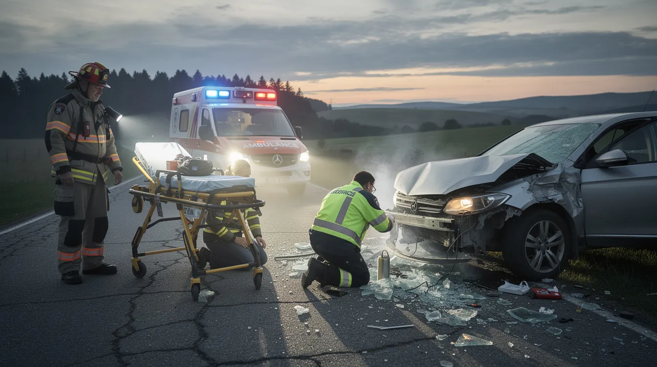 Emergency responders are providing assistance near a damaged vehicle on a rural road, indicating the aftermath of a serious car accident. The scene underscores the urgency of medical attention for potential burn injuries and other serious injuries that may have occurred.