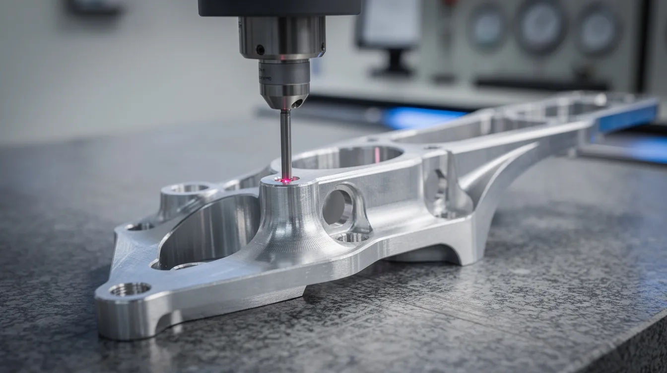 A coordinate measuring machine probe is delicately touching a machined aluminum aerospace bracket, highlighting the precision inspection process essential in aerospace manufacturing. This image emphasizes the importance of high precision CNC machining and rigorous quality control in ensuring the accuracy of aerospace components.
