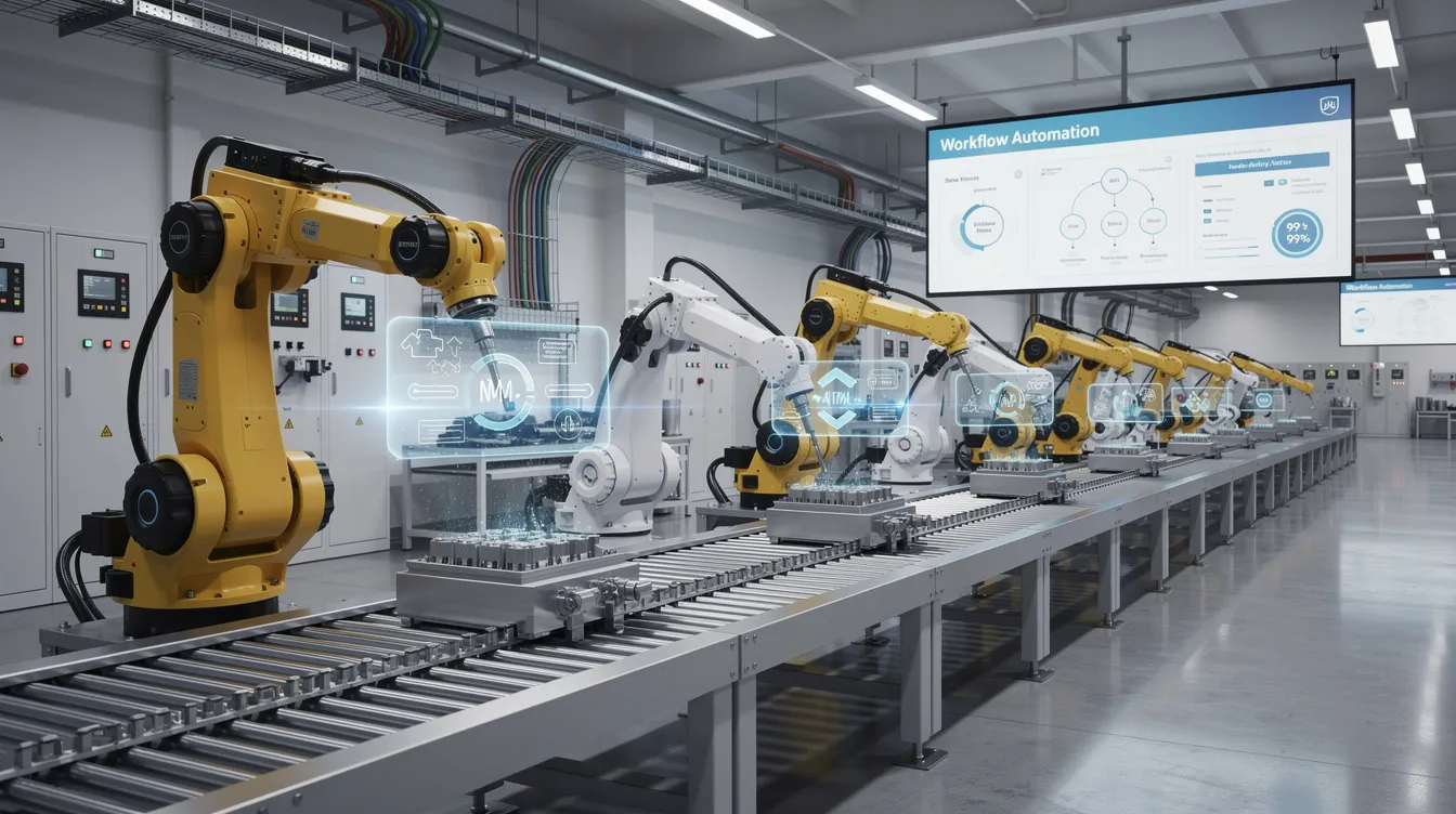 The image depicts an automated production line featuring robotic arms, symbolizing workflow automation in manufacturing. This setup illustrates the efficiency of data collection and analysis, which is essential for creating reports and making informed decisions in a business environment.