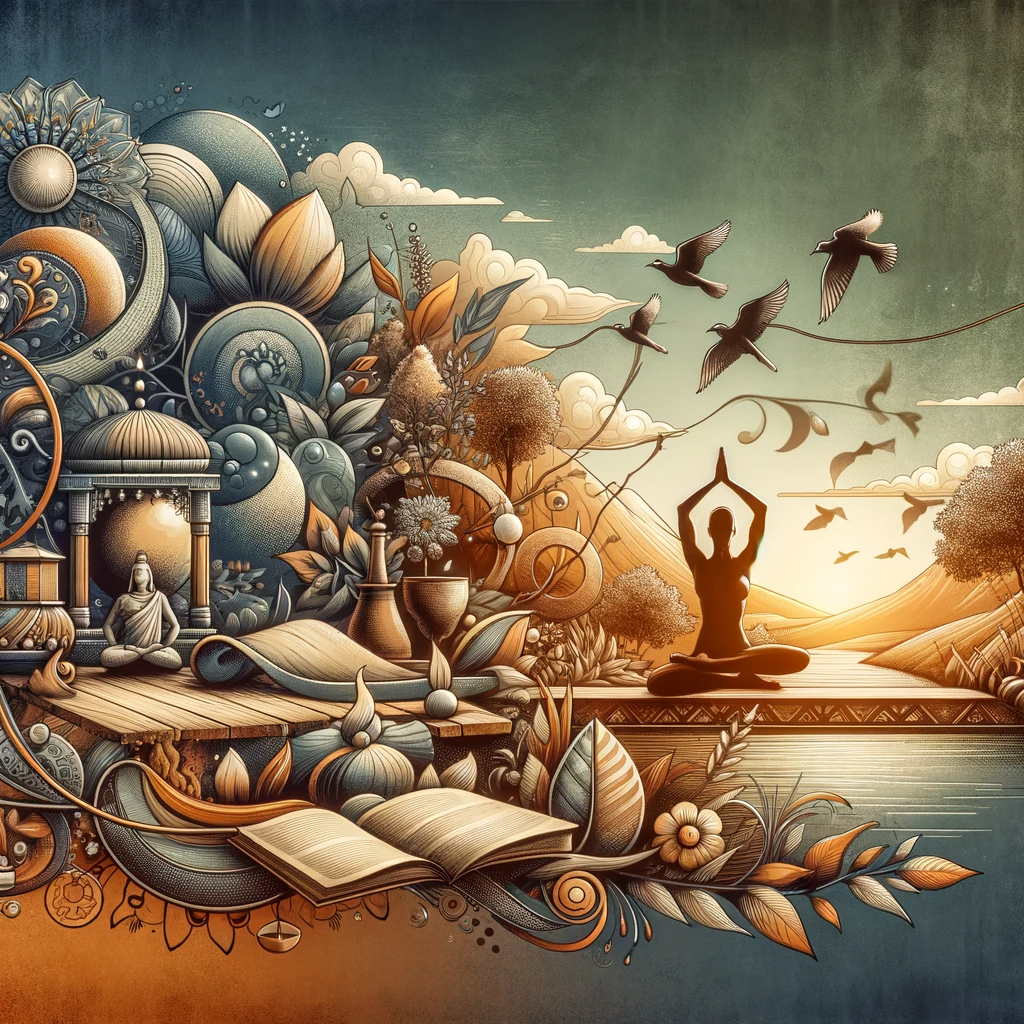 illustration that combines elements of nature, spirituality, and literature into a cohesive, tranquil scene. In the center, an individual is depicted in a yoga pose, silhouetted against a backdrop of a softly setting or rising sun. The landscape is a rich tapestry of flora and fauna, with birds in flight, adding a dynamic element to the stillness of the yoga pose. A peaceful figure sits in meditation under an arch, suggesting a scene of quiet contemplation and enlightenment. Books open in the foreground symbolize knowledge and learning, and the overall use of warm, muted tones creates a calming and mystical atmosphere. The detailed artwork captures a blend of tranquility and intellectual pursuit, suggesting a harmonious balance between mind, body, and environment.