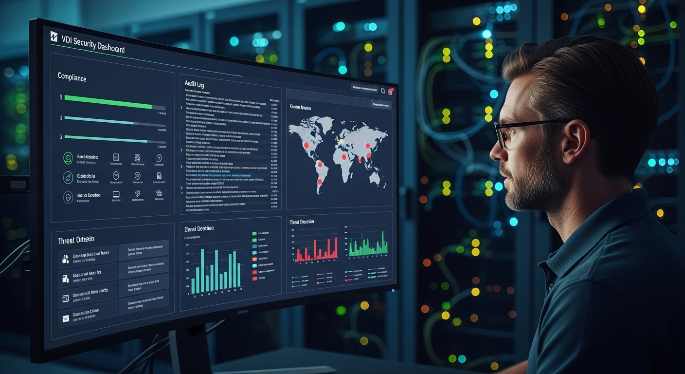 IT admin monitoring centralized VDI security dashboard with compliance, audit logs, and threat detection visuals.