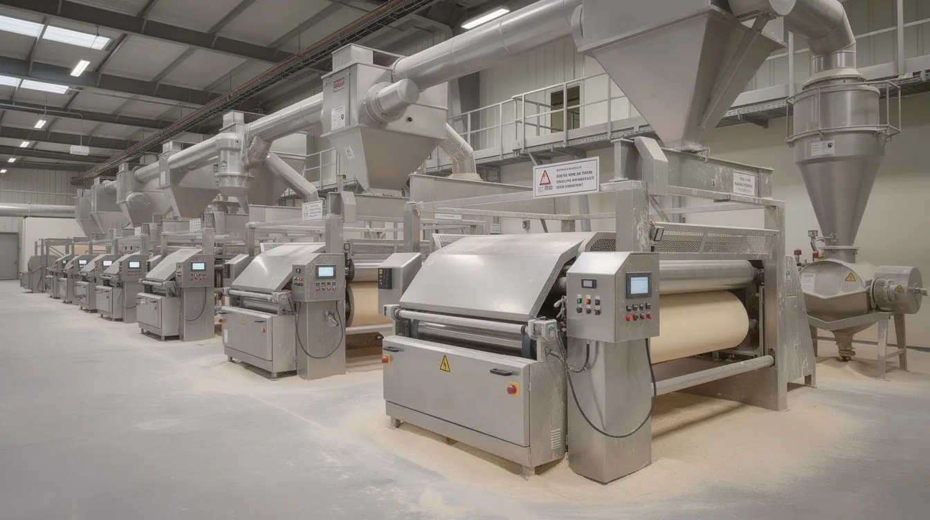 The image depicts industrial grain processing machinery, including roller mills, within a flour manufacturing facility, highlighting the essential equipment used in the flour milling industry for producing wheat and maize flour. This setup is crucial for optimizing production capacity and managing raw material costs in the flour mill business.