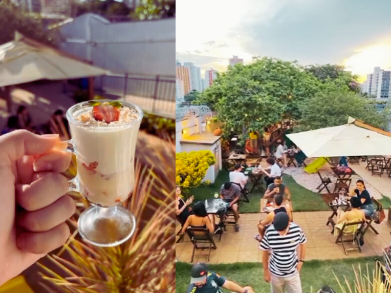 Mão segura copo de doce; pessoas sentadas às mesas em quintal da Livraria Palavrear. Imagens: Reprodução Instagram.