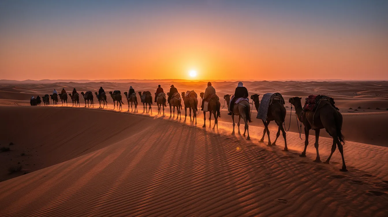 A camel caravan gracefully traverses the golden sand dunes of the Sahara Desert at sunset, creating a picturesque scene reminiscent of the stunning landscapes featured in "Game of Thrones" filming locations in Morocco. The warm hues of the setting sun illuminate the dunes, enhancing the beauty of this must-visit destination.