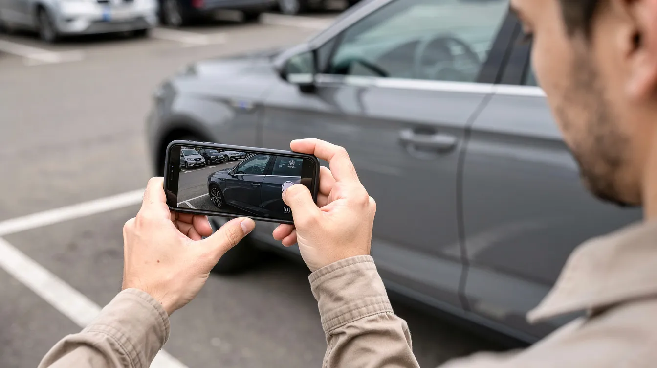 Une personne utilise un smartphone pour photographier le côté d'une voiture de location dans un parking. Cette activité illustre l'interaction avec les véhicules disponibles par le biais d'une agence de location, facilitant ainsi la gestion des réservations et des contrats.