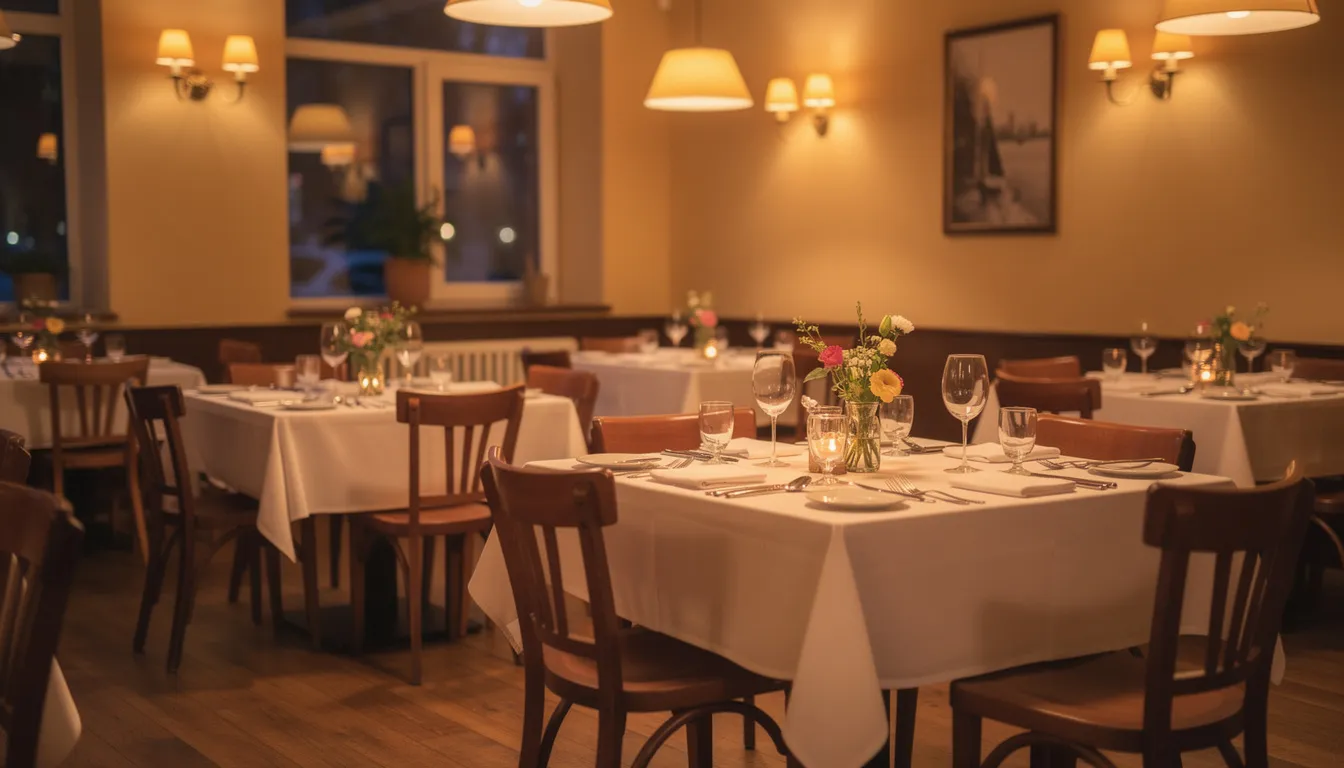 En inbjudande restaurangmiljö med vackert dukade bord och varm belysning som skapar en trivsam atmosfär. Det finns även inslag av spelmaskiner i bakgrunden, vilket ger en unik kombination av mat och underhållning.