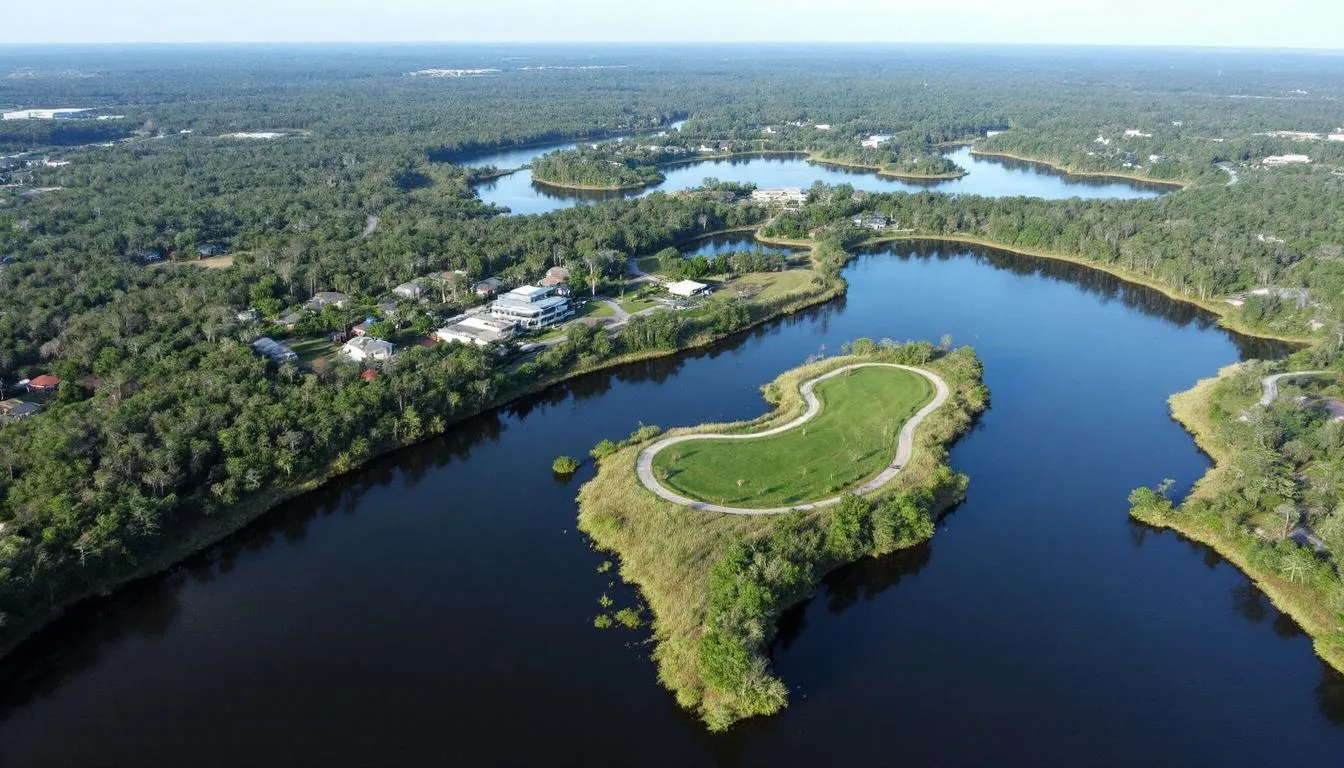 An aerial view of Cypress Walk in Fort Myers showcases three serene lakes surrounded by preserved green areas, highlighting the natural beauty of this sought-after gated community. The image captures the layout of Cypress Walk homes, emphasizing the tranquil environment and great location for potential buyers.