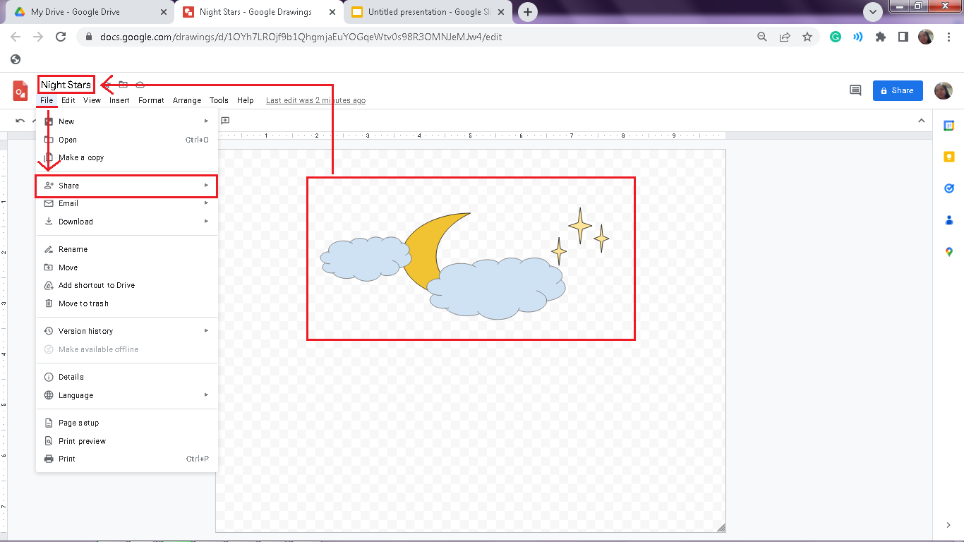 After you draw in the Google Drawing, rename your draw, then go to "file" tab, and select "Share"