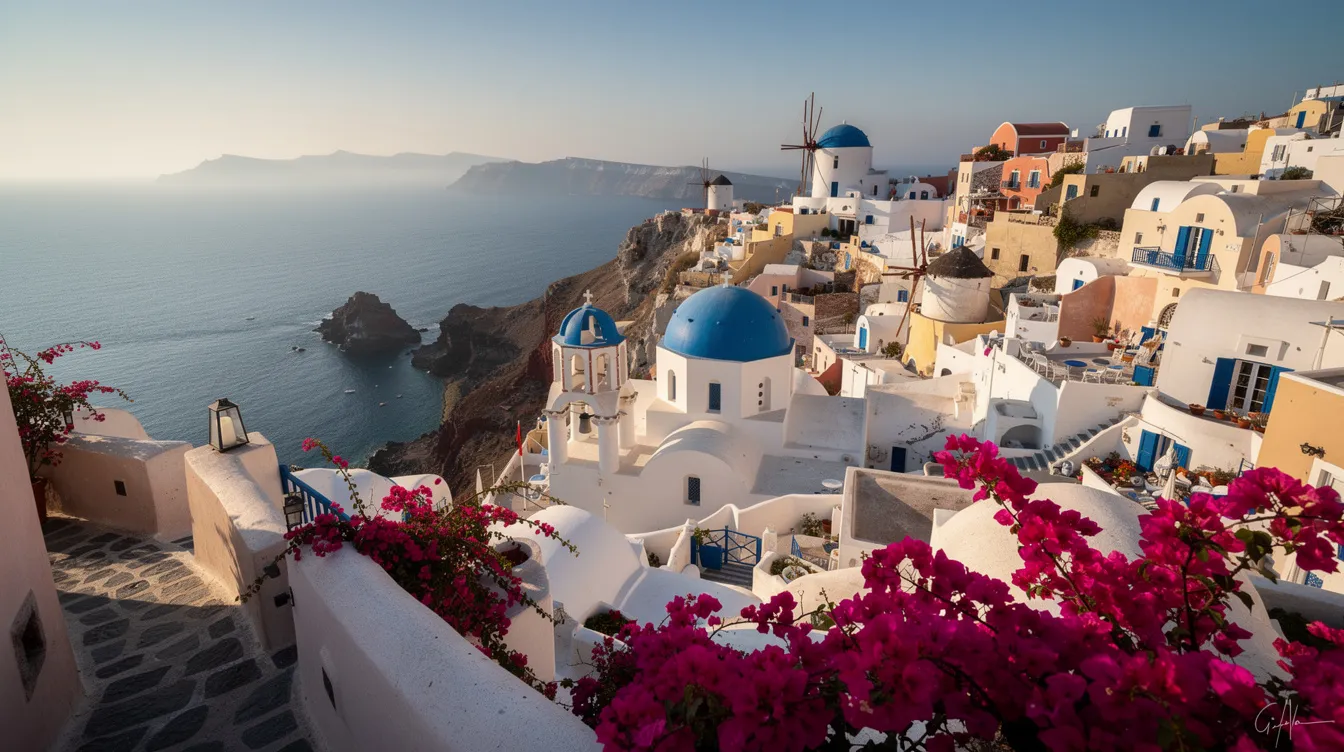 Imagem de Santorini, uma das ilhas mais icônicas da Grécia, com suas casas brancas de telhados azuis se destacando contra o céu claro. O cenário inclui o Mar Egeu ao fundo, criando uma atmosfera perfeita para viajantes que buscam explorar a cultura e a história da Grécia antiga.