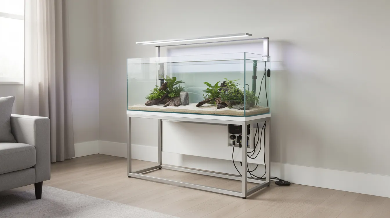 The image depicts a tidy aquarium stand featuring a cat proof fish tank with a secure glass lid, designed to keep curious cats safe while providing an unobstructed view of the fish inside. The stand is neatly arranged, with hidden cables and positioned away from nearby furniture, ensuring a clean and safe environment for both pets and aquatic life.