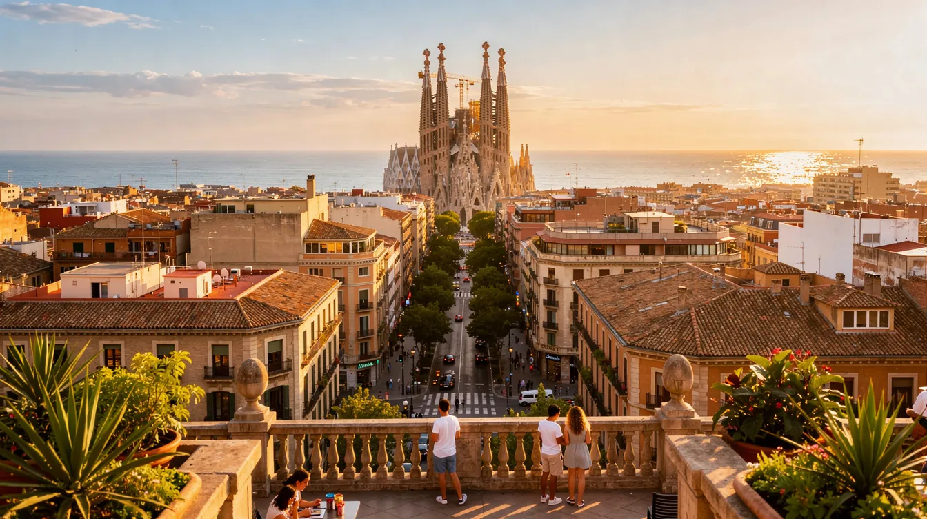 A imagem retrata uma bela vista de Barcelona durante o verão, com seus edifícios históricos e vibrantes ruas do centro da cidade, repletas de turistas e habitantes aproveitando o clima quente. Ao fundo, é possível ver pontos turísticos icônicos, como a Sagrada Família, sob um céu azul claro.