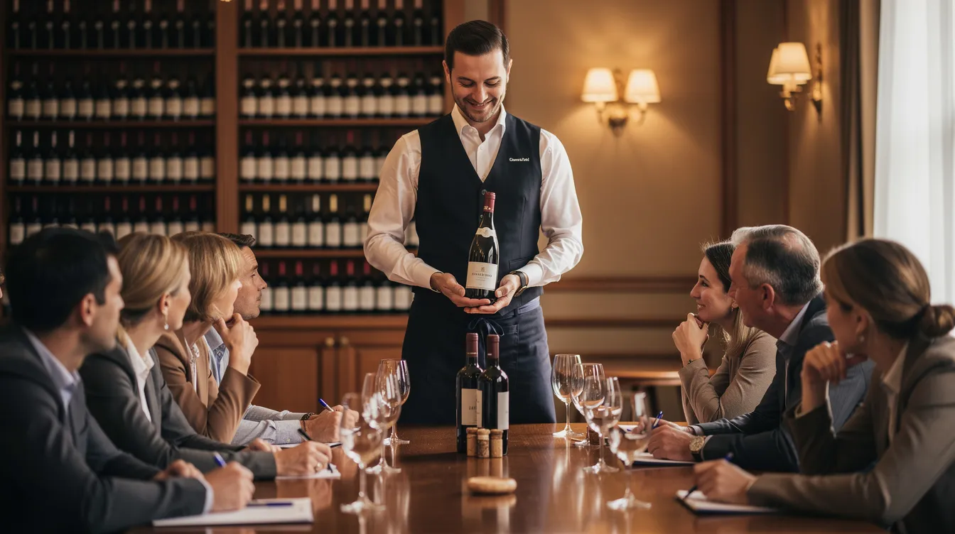 Un sommelier présente une bouteille de vin à un groupe de participants attentifs, dans un cadre élégant évoquant les caves du Louvre. Cette expérience de dégustation de vin à Paris permet aux amateurs de découvrir les arômes et les secrets de la viticulture française.