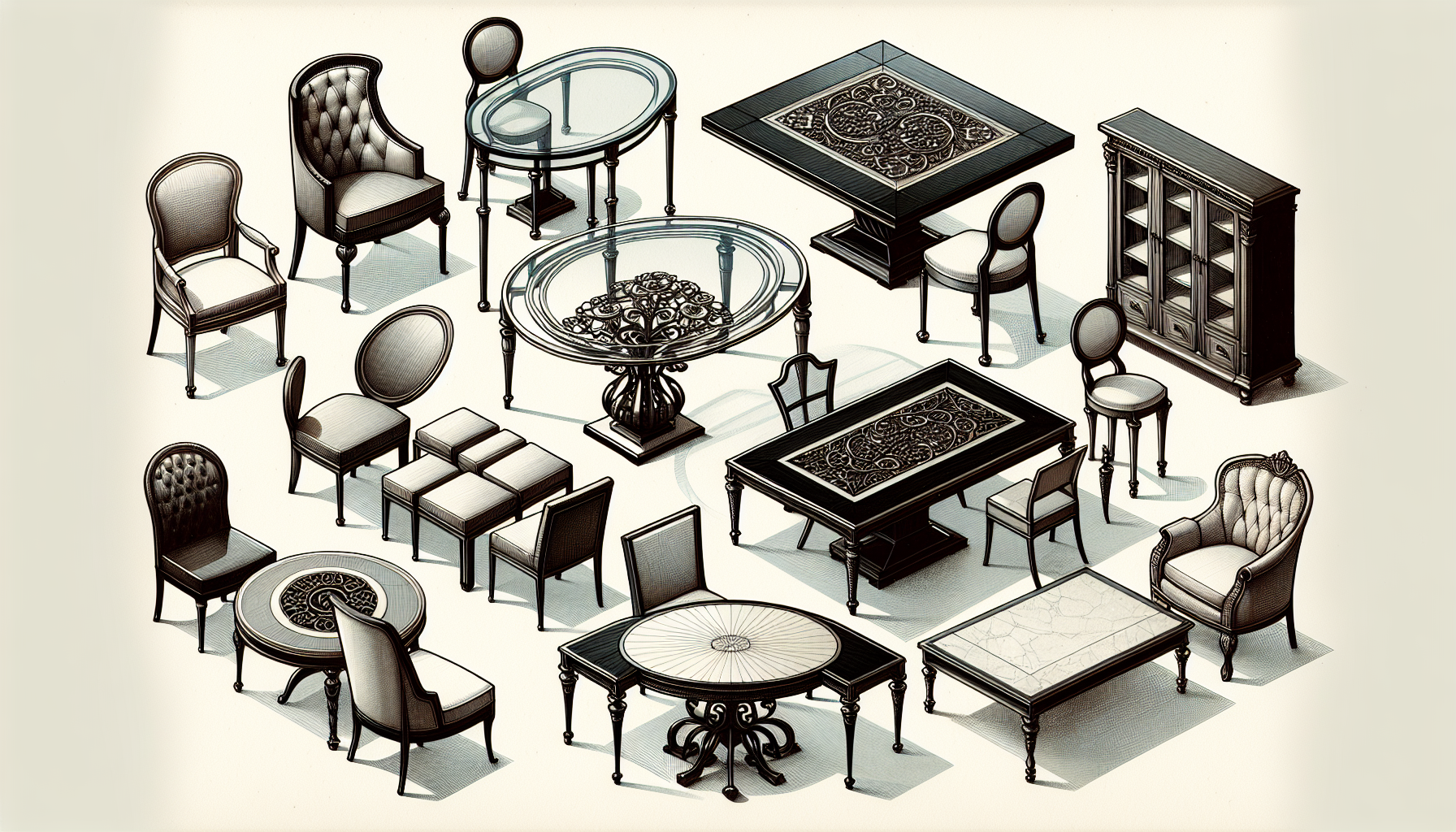 Illustration of different dining table shapes and sizes